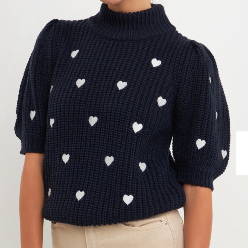 New English Factory Navy Blue Heart Pattern Sweater, Size Small